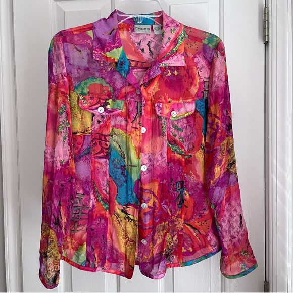 Chico's Tops - Chico’s 0 Silk Long Sleeve Blouse Coverup Jacket Vivid Colorful Reds Pinks Sz M
